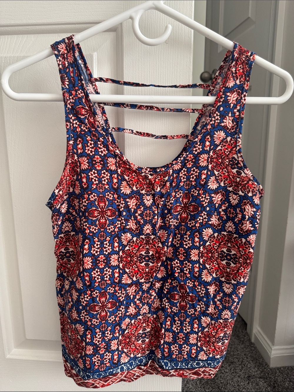 attention Blue Floral Strappy Tank Top with Red Accents